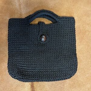 Beautiful vintage 1970s handmade black crochet top handle bag big wooden button